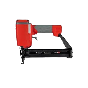 Compact red and black finish stapler with ergonomic gray handle, designed for precise fastening in woodworking and rental hand tools at Hartville Hardware.