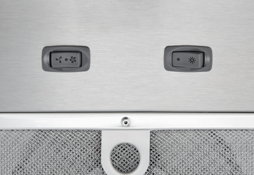 close-up of stainless steel range hood power pack insert with fan and LED light control switches for kitchen appliances