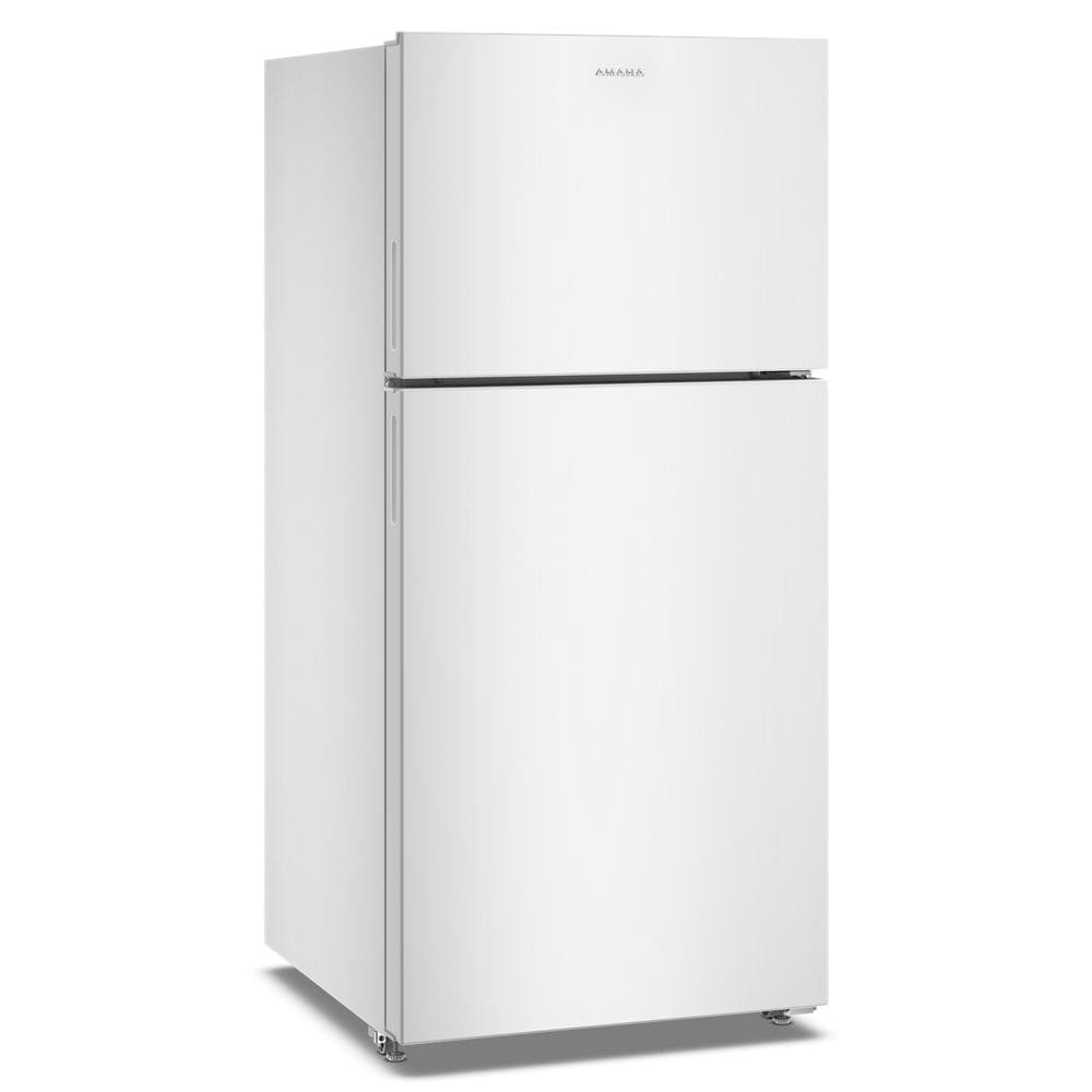 White top-freezer refrigerator with clean, minimalist design, suited for refrigerators, kitchenware, and appliances in home improvement collections.