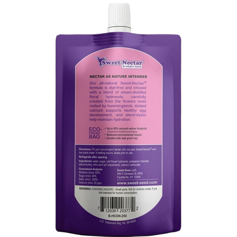 Purple resealable pouch of natural hummingbird nectar concentrate with eco-friendly packaging and leak-proof cap