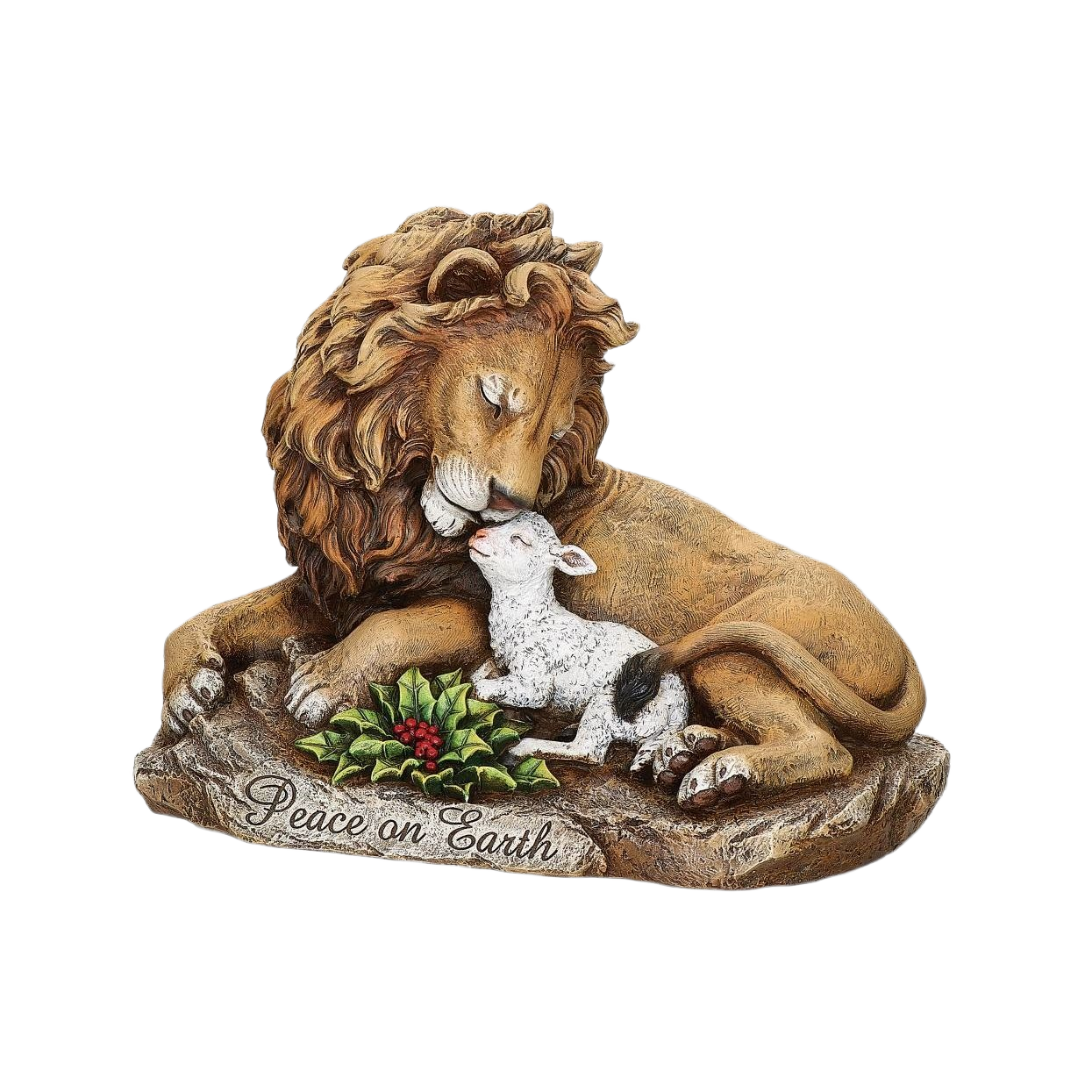 Lion and lamb figurine on rock with holly, inscribed Peace on Earth, for Christmas and Under $100 collections