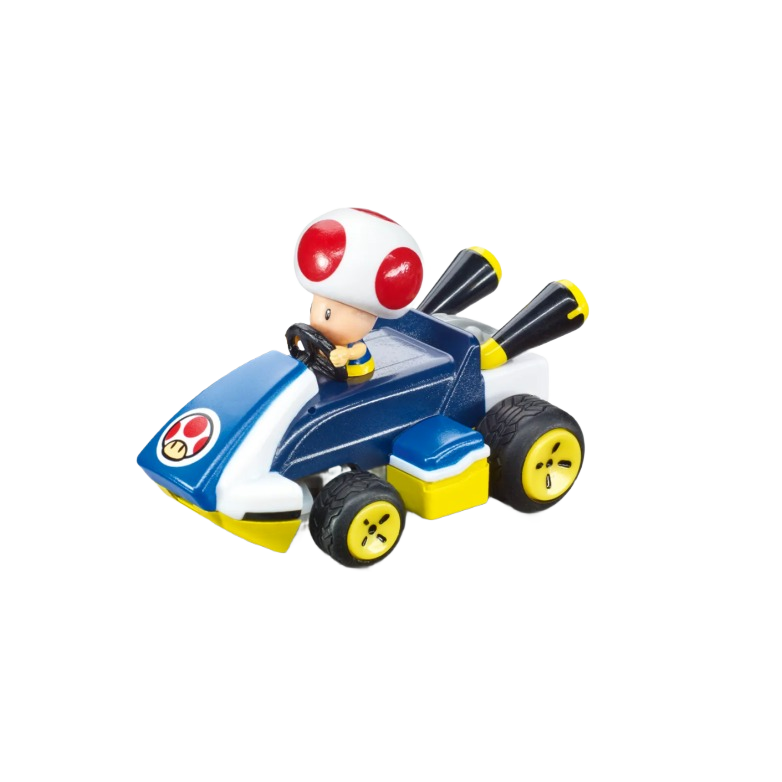Blue and yellow remote control toy car with a Toad figure from Mario Kart in the driver’s seat