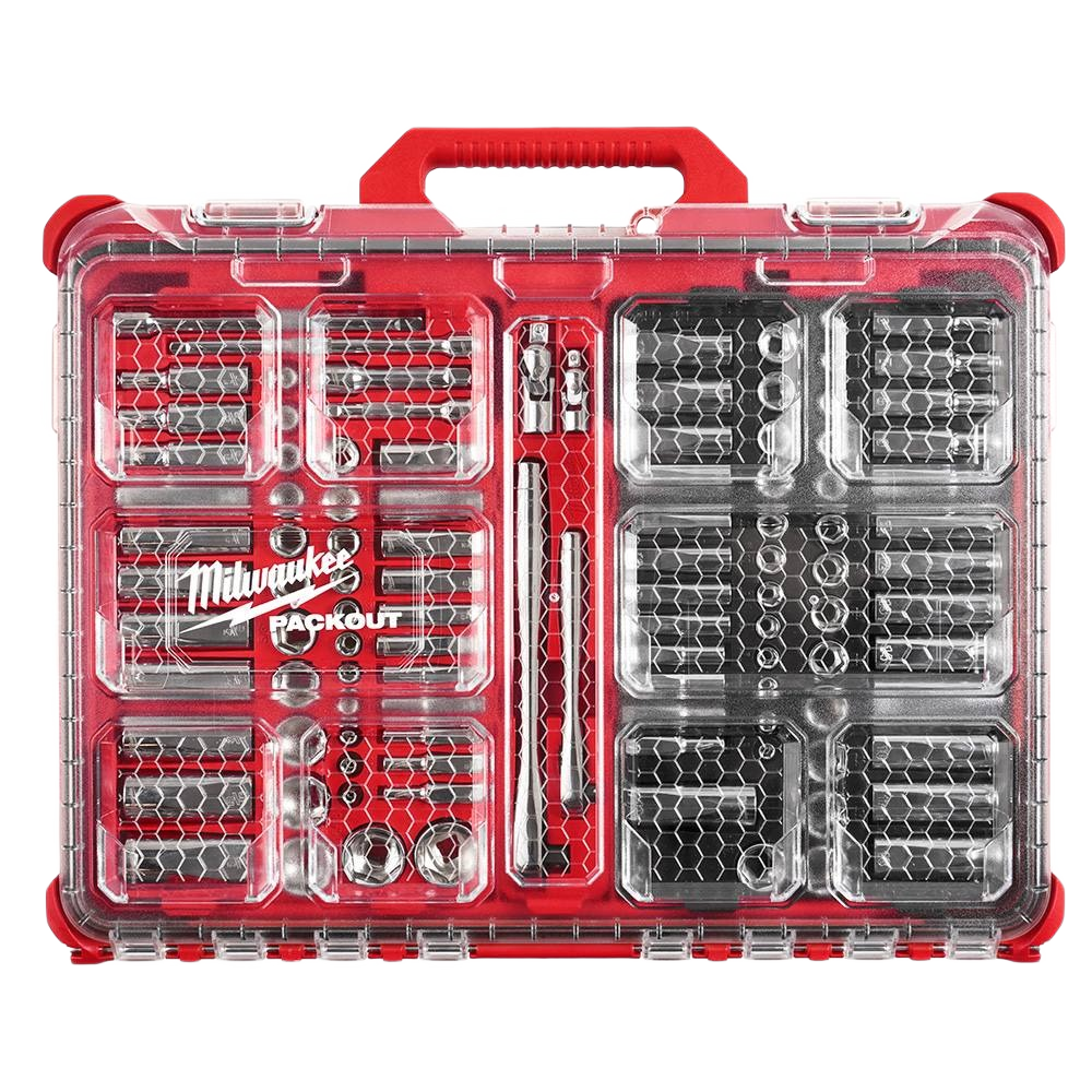 Red PACKOUT organizer case with 106-piece metric socket and ratchet set for tools and home improvement tasks