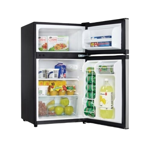 Compact black dual-door refrigerator with separate freezer compartment and interior lighting, stocked with beverages and groceries, part of Refrigerators, Top Freezer Refrigerators, Kitchen & Kitchenware, All Products, and Appliances collections.