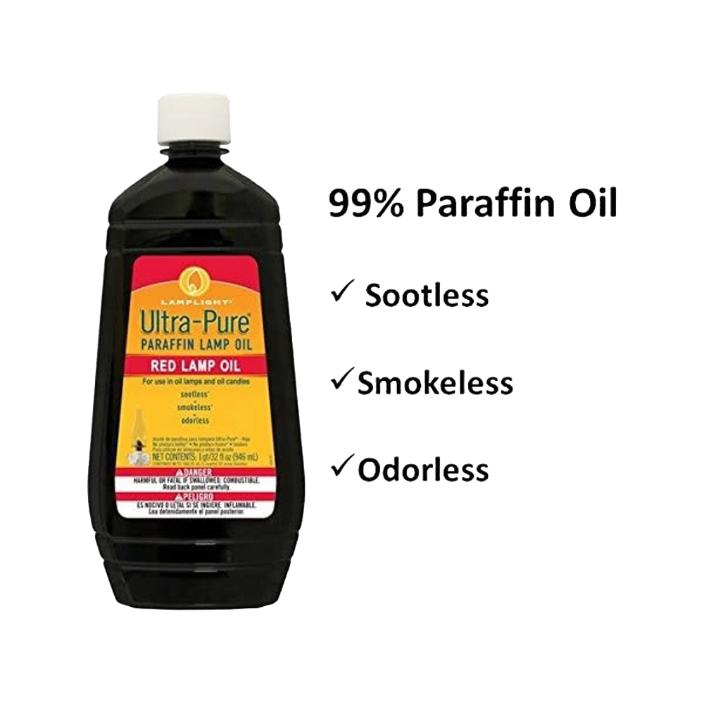32 oz bottle of red ultra-pure paraffin lamp oil for clean, sootless, smokeless, and odorless burn in home lighting and decor