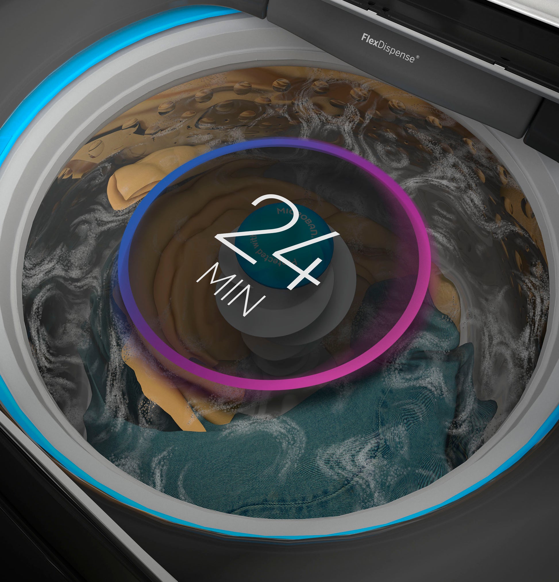 Top load washer with steaming clothes inside and digital timer showing 24 minutes remaining in wash cycle