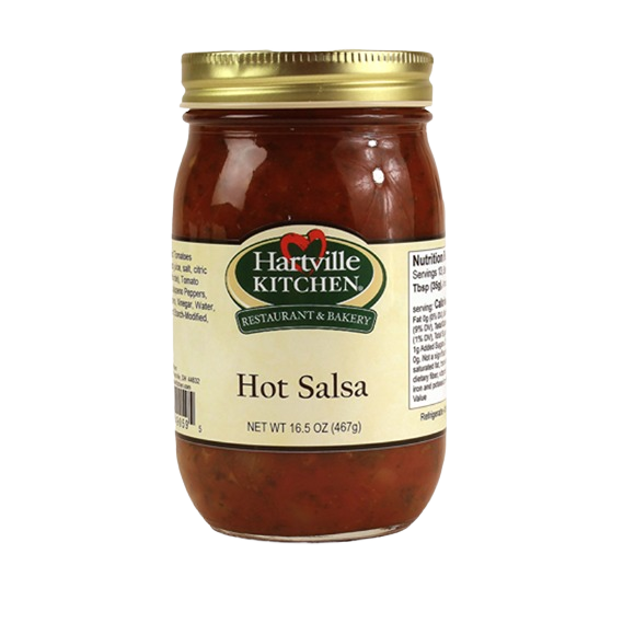 Glass jar of Hartville Kitchen hot salsa with gold lid in salsas and food & beverage collections