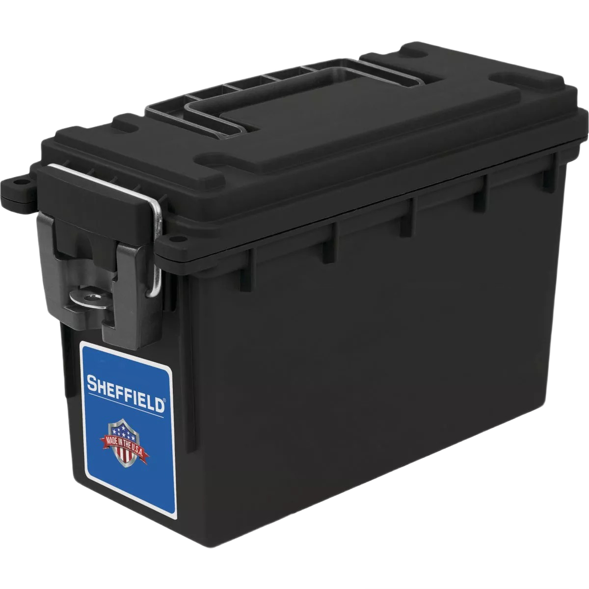 Black storage box with secure latch and handle for tools and gear in home improvement and dorm organization collections