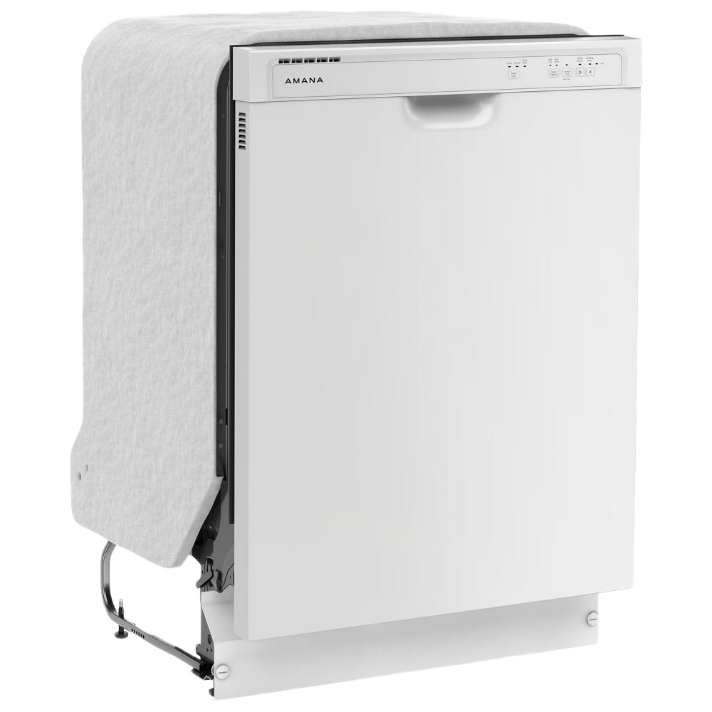 White built-in dishwasher with simple control panel and partially exposed side in kitchen appliances collection