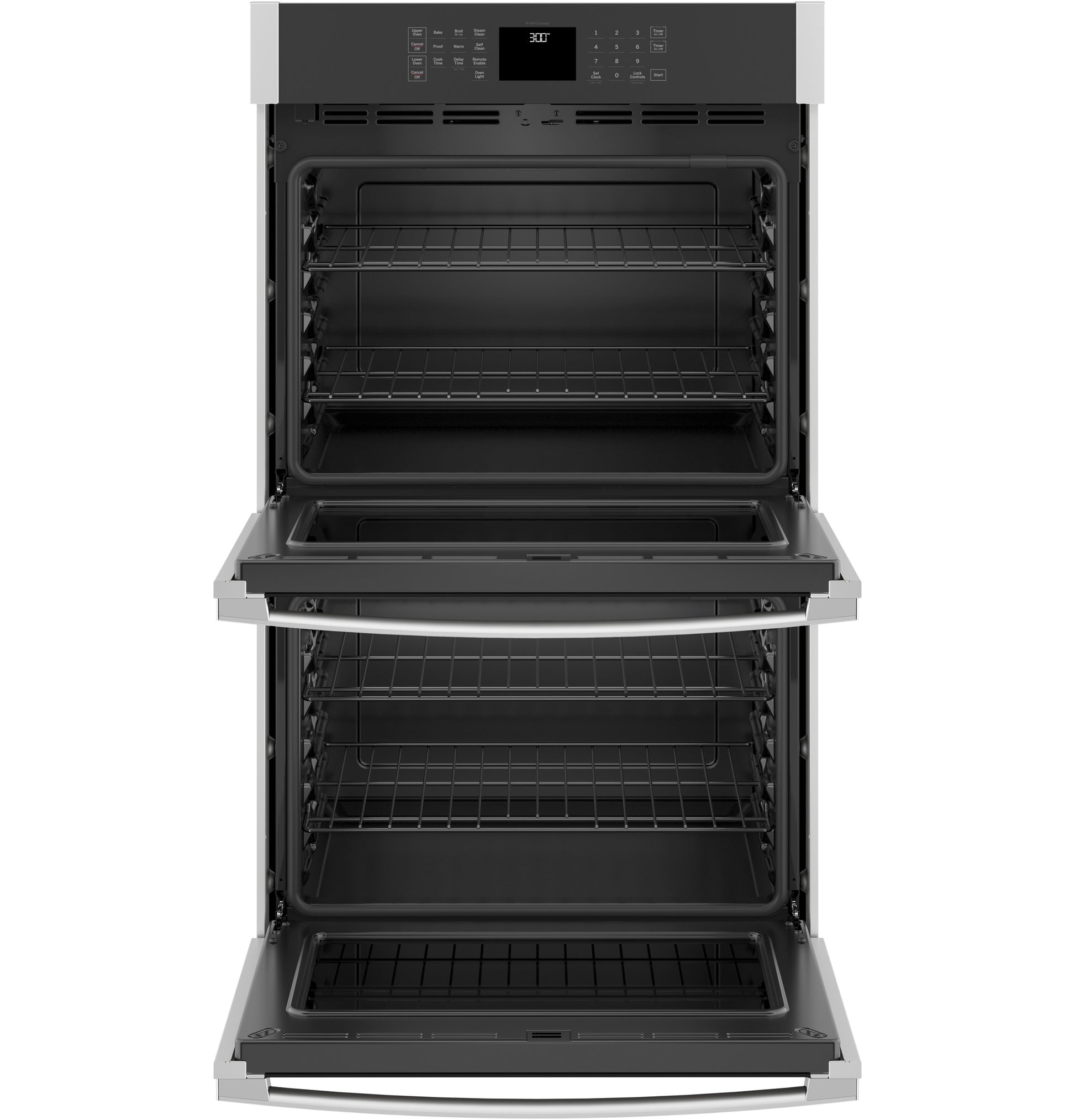 Open stainless steel built-in double wall oven with racks visible in Wall Ovens and Kitchen & Kitchenware collections