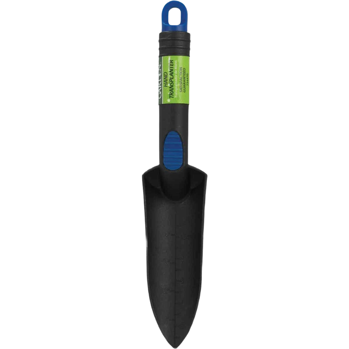 Black garden trowel with blue grip and measurement marks for precise digging in home improvement tasks