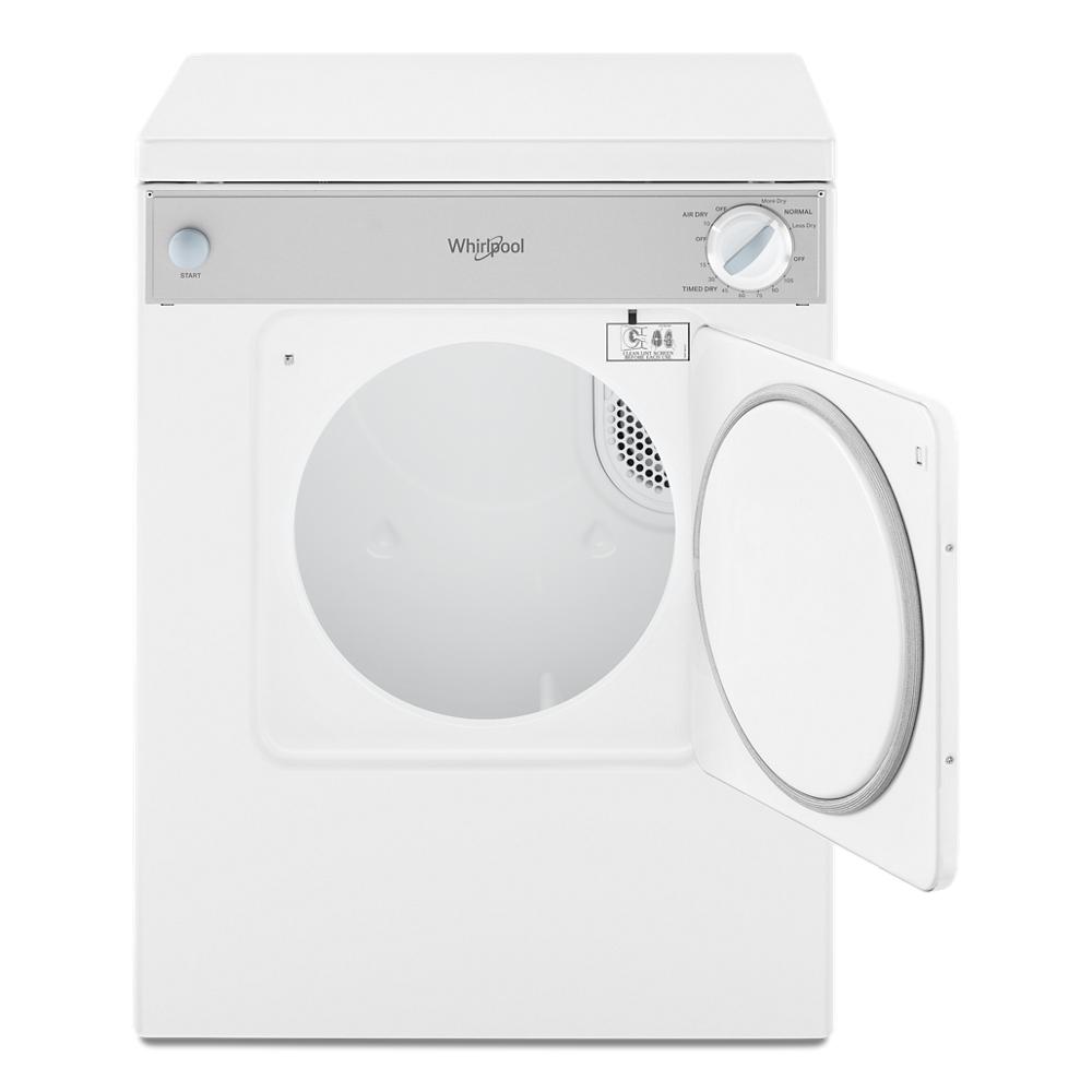 White compact front load dryer with open door showing empty drum and control dial on top panel in appliance setting