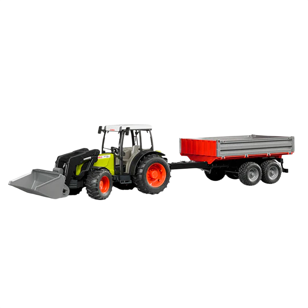 Toy tractor model in green and gray with orange wheels towing a red and gray trailer for play and display