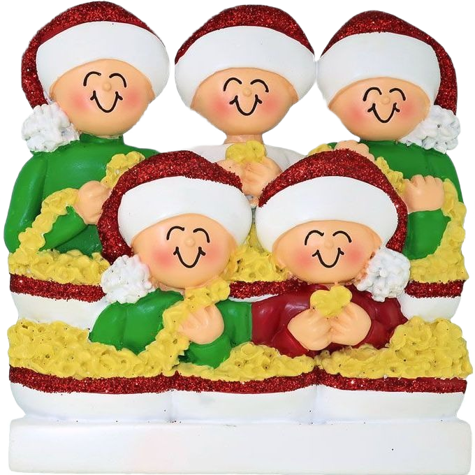 Personalized family of five figurine wearing Santa hats stringing popcorn garland Christmas ornament under $50 collection