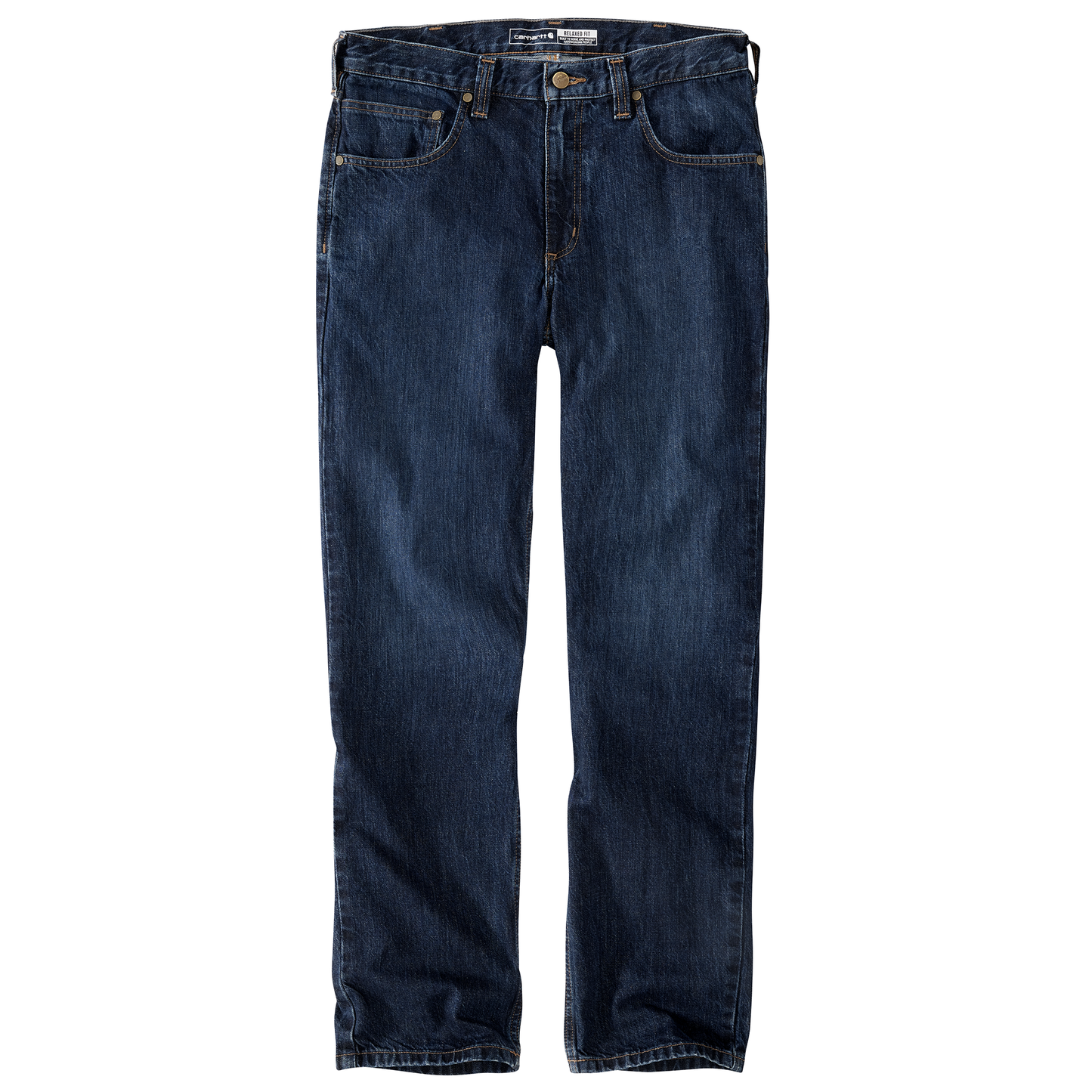Men’s relaxed fit dark indigo cotton denim jeans with classic five-pocket style from Carhartt bottoms collection