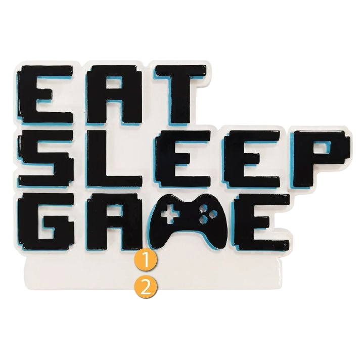 Black block-style "Eat Sleep Game" ornament with video game controller icon, Christmas decoration under $50