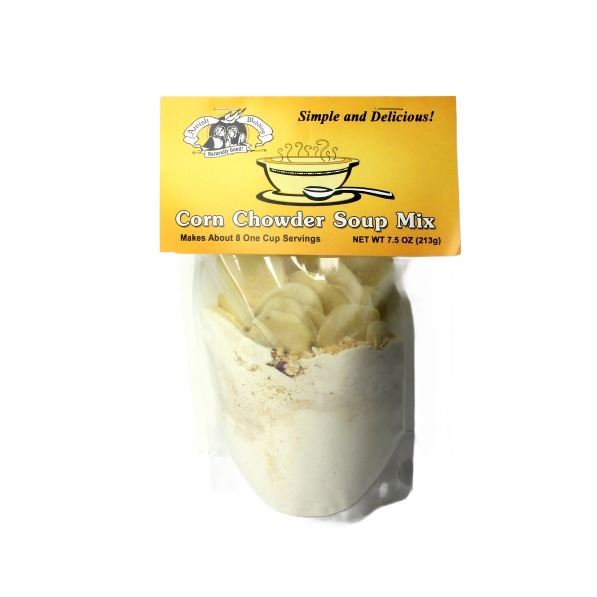 Clear plastic pouch of corn chowder soup mix with yellow label, part of under $25 food and beverage collection
