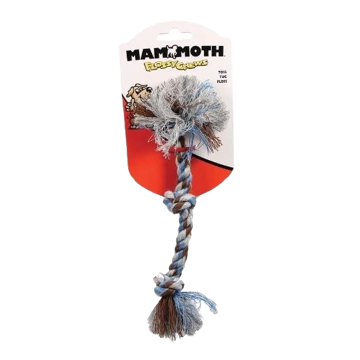 Blue and brown 3-knot rope tug dog toy in Mammoth Flossy Chews collection for interactive pet play under $50