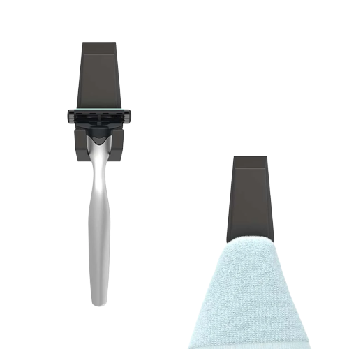 Matte black facet hooks holding a razor and towel for bathroom organization in Safety & Accessibility collection
