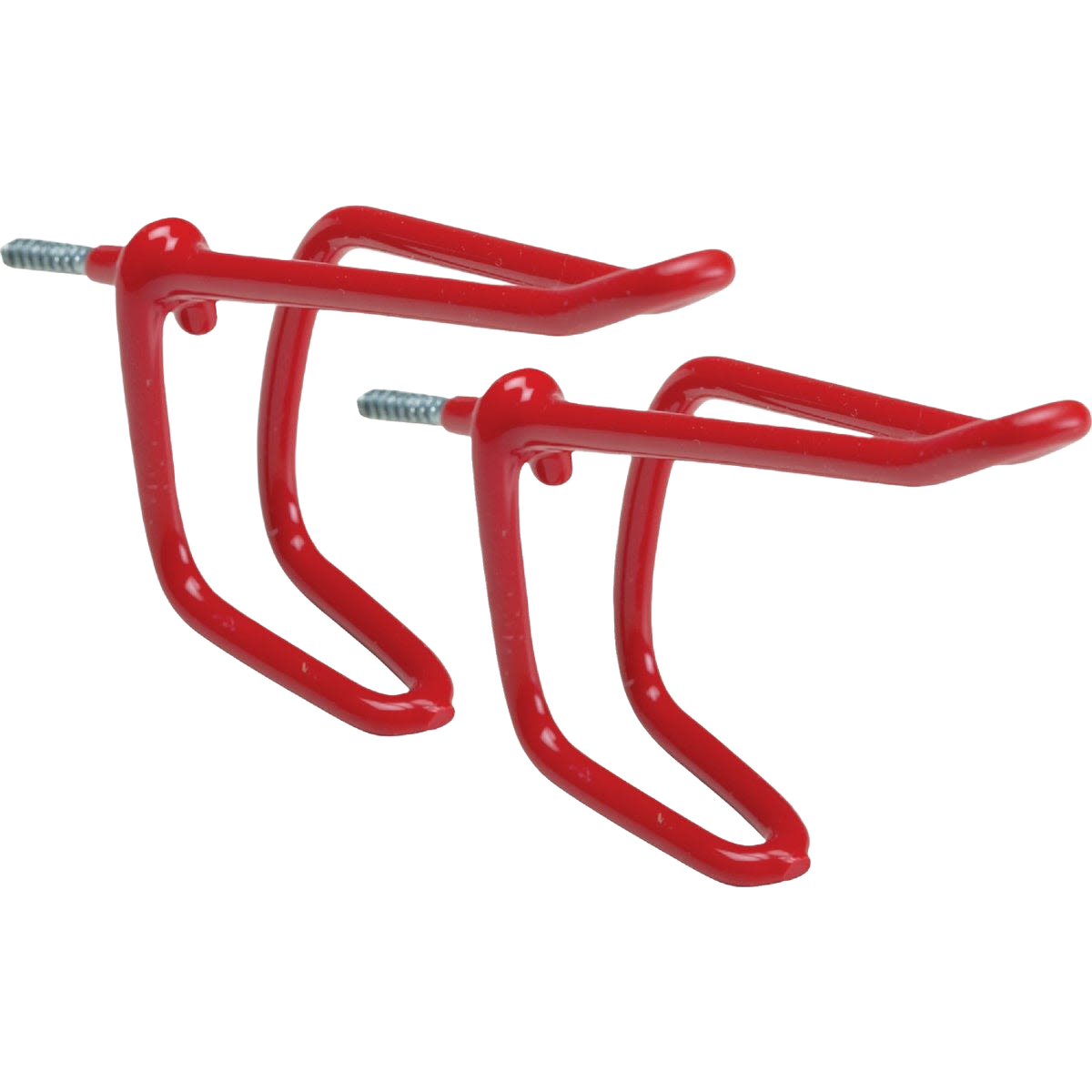 Pair of red screw-in hooks for hanging coats, hats, or tools in a garage or home improvement setting