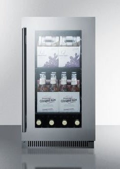 18" built-in beverage refrigerator with stainless steel frame and tinted glass door stocked with drinks in kitchen setting