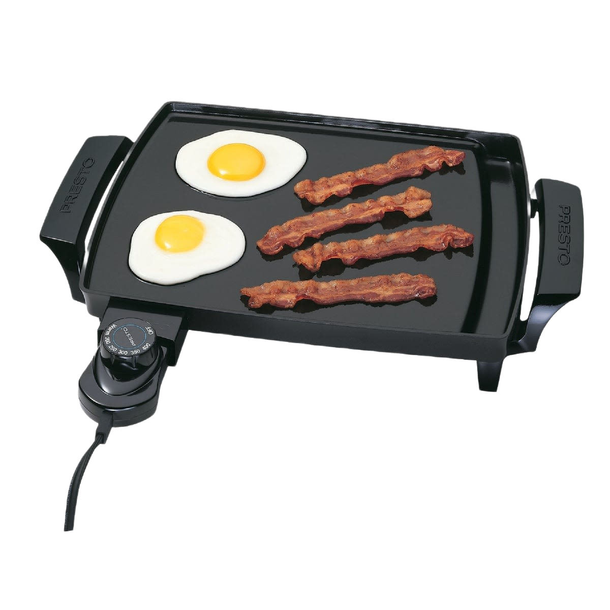 Compact electric griddle cooking two eggs and four strips of bacon with temperature control knob for easy breakfast preparation