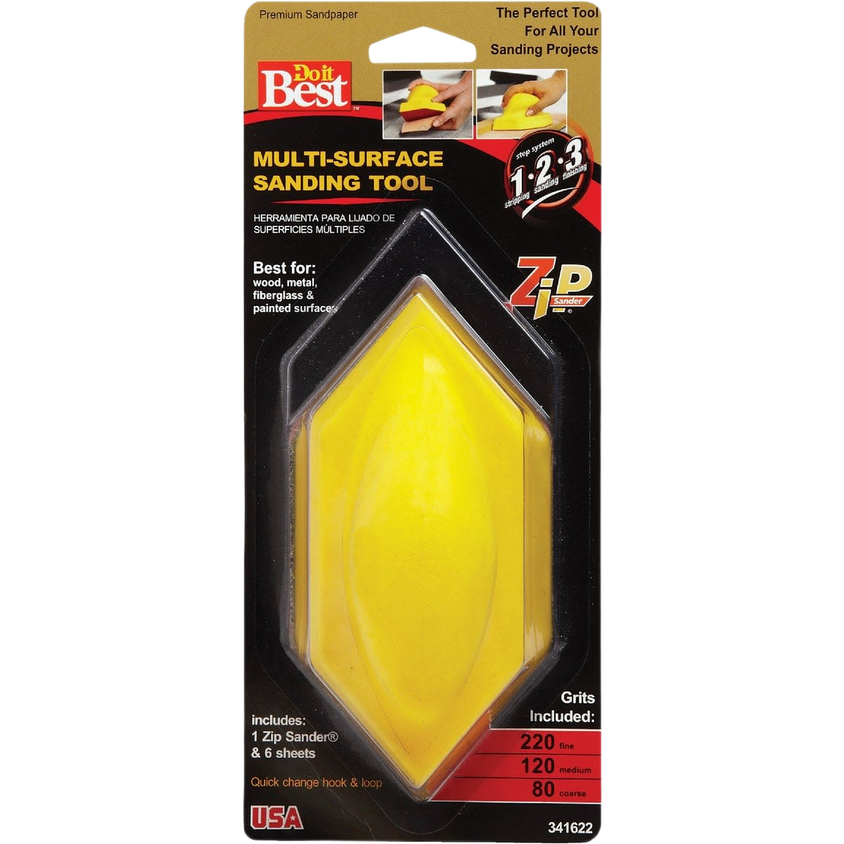 Yellow multi-surface sanding tool with three grit sandpaper sheets for home improvement and repair projects under $50