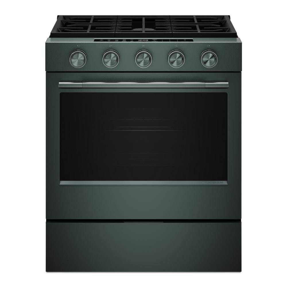 Matte green smart slide-in gas range featuring five control knobs, convection cooking modes, and a large oven window, part of Ranges and Appliances collections.