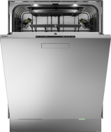 Open stainless steel dishwasher showing upper and lower racks with spray arms inside kitchen appliances collection