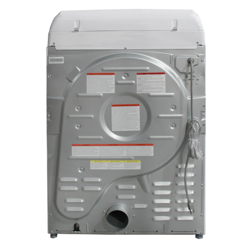 Rear view of natural gas clothes dryer showing vent outlet, power cord, and safety labels in appliance setting