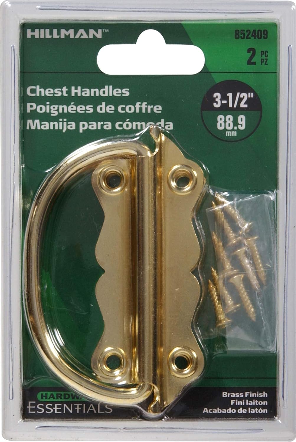 Brass-finished chest handle set with mounting screws for cabinet and furniture hardware in home improvement projects