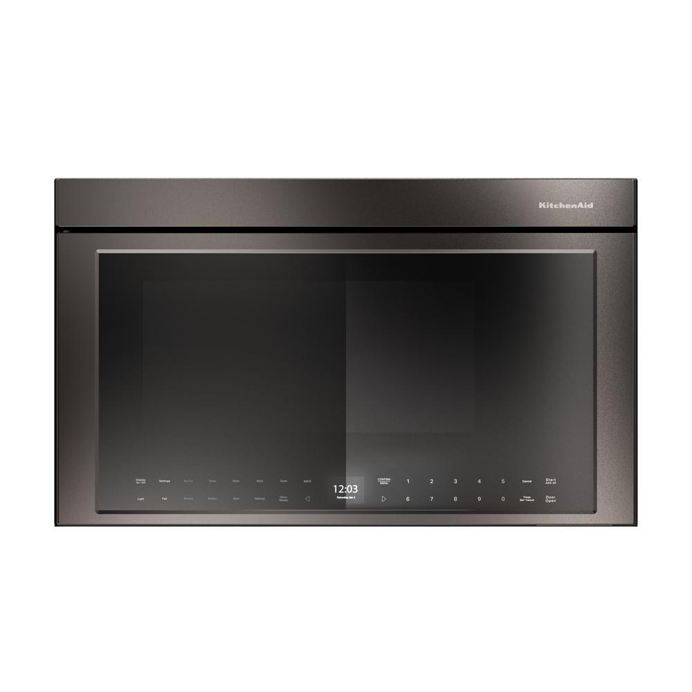 Sleek dark stainless steel over-the-range microwave with touch controls and digital display from KitchenAid Appliances collection