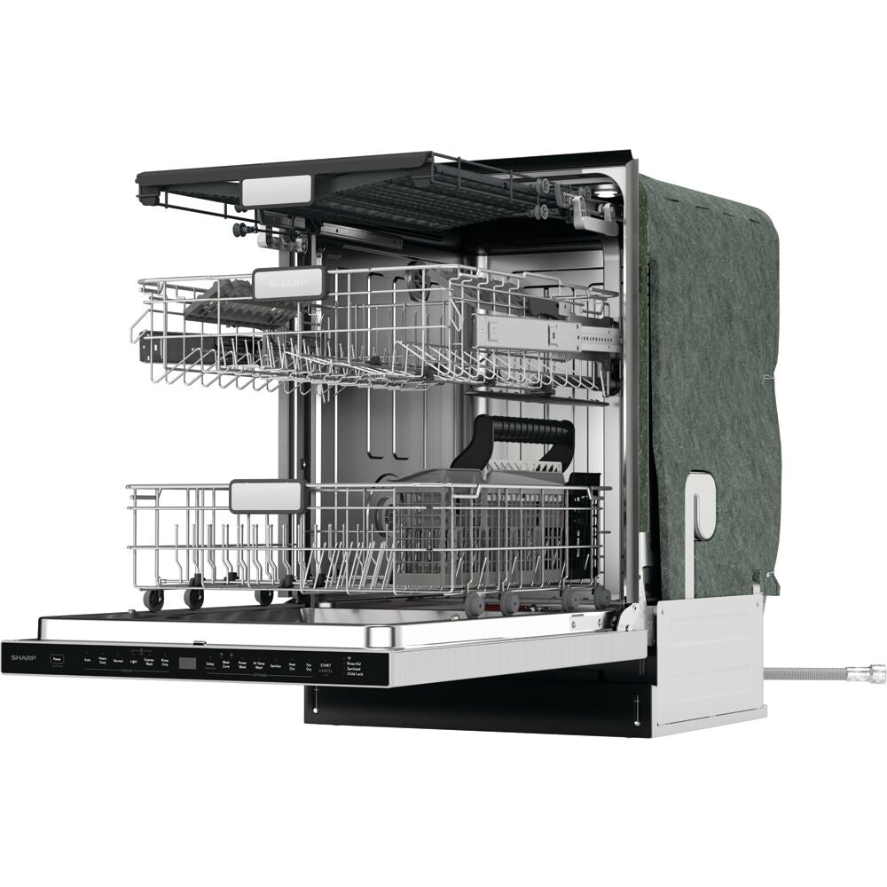 Open stainless steel dishwasher with multiple racks and top control panel in kitchen and appliance collection