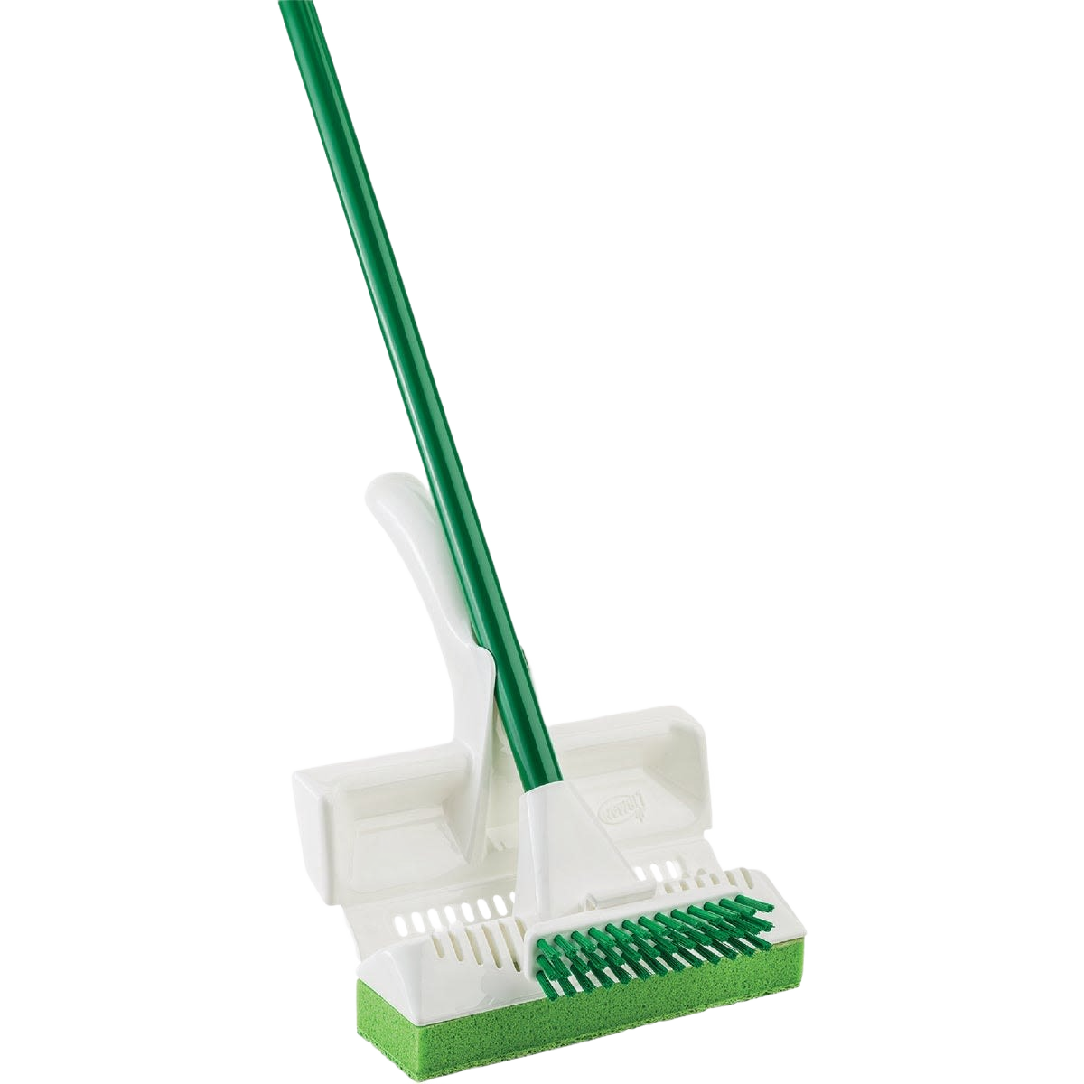 Green handled scrub mop with white plastic frame and replaceable sponge head for cleaning tools and home care collections