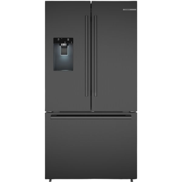 36-inch black stainless steel French door refrigerator with bottom freezer and built-in water dispenser in Bosch Appliances collection