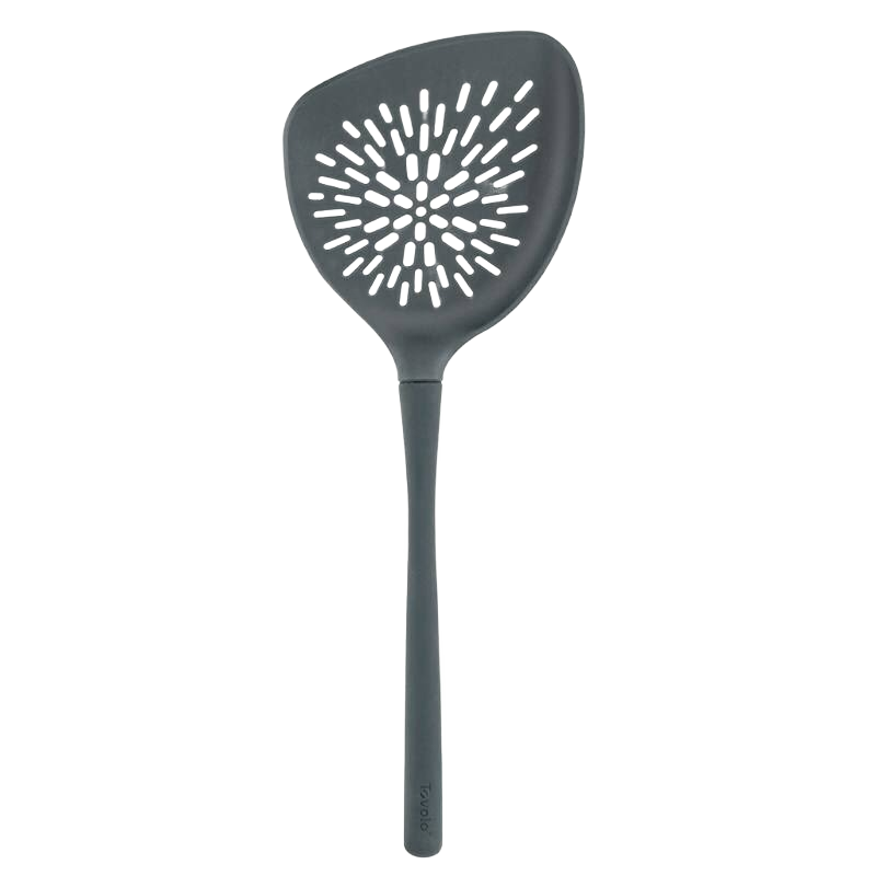 Charcoal gray wide-head slotted turner for flipping and serving vegetables in kitchen utensils and gadgets collections