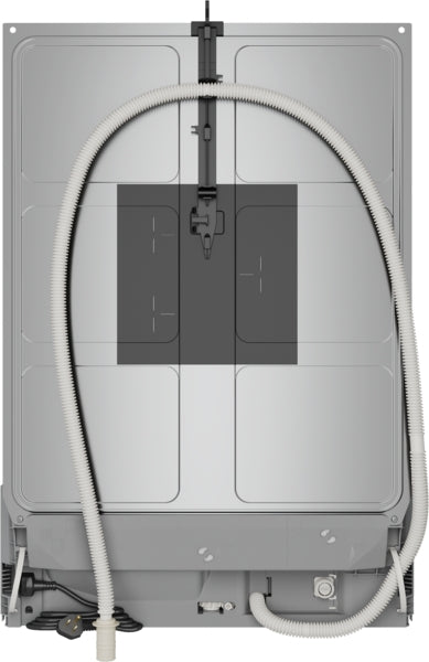 Back view of a 24-inch dishwasher showing water and drainage hoses for kitchen appliance installation.