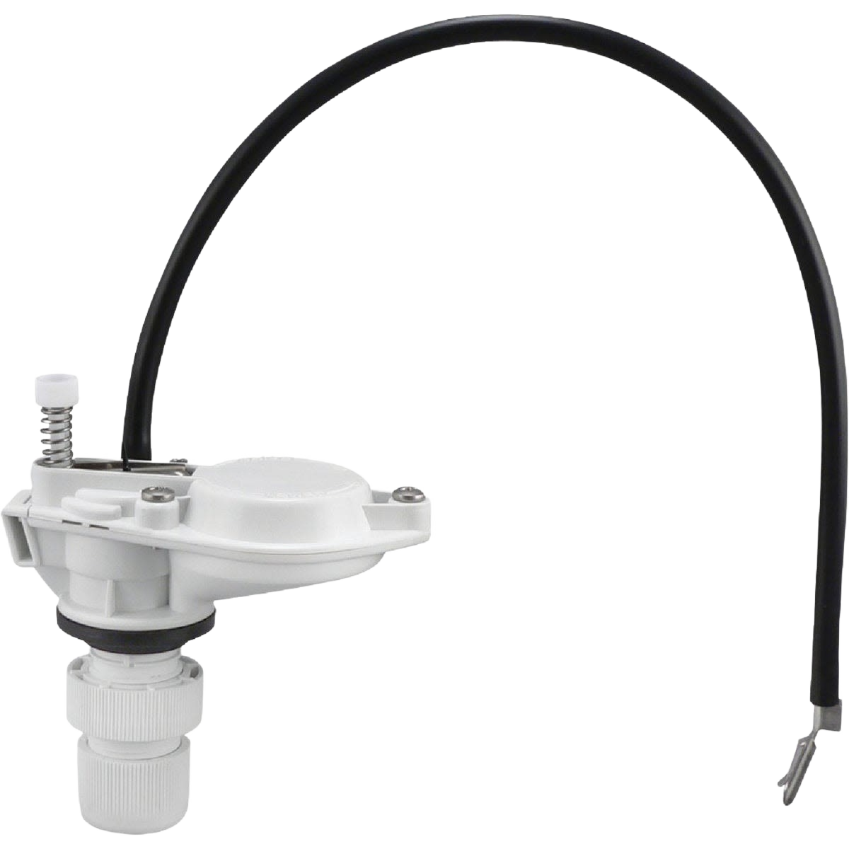 White plastic toilet tank fill valve with black float arm and adjustable components for home improvement use