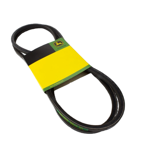 Black durable V-belt with yellow-green label, designed for machinery maintenance and tools in home improvement tasks