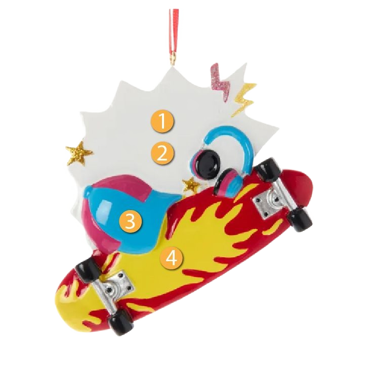 Christmas ornament shaped like a colorful skateboard with flame design, headphones, and festive star accents