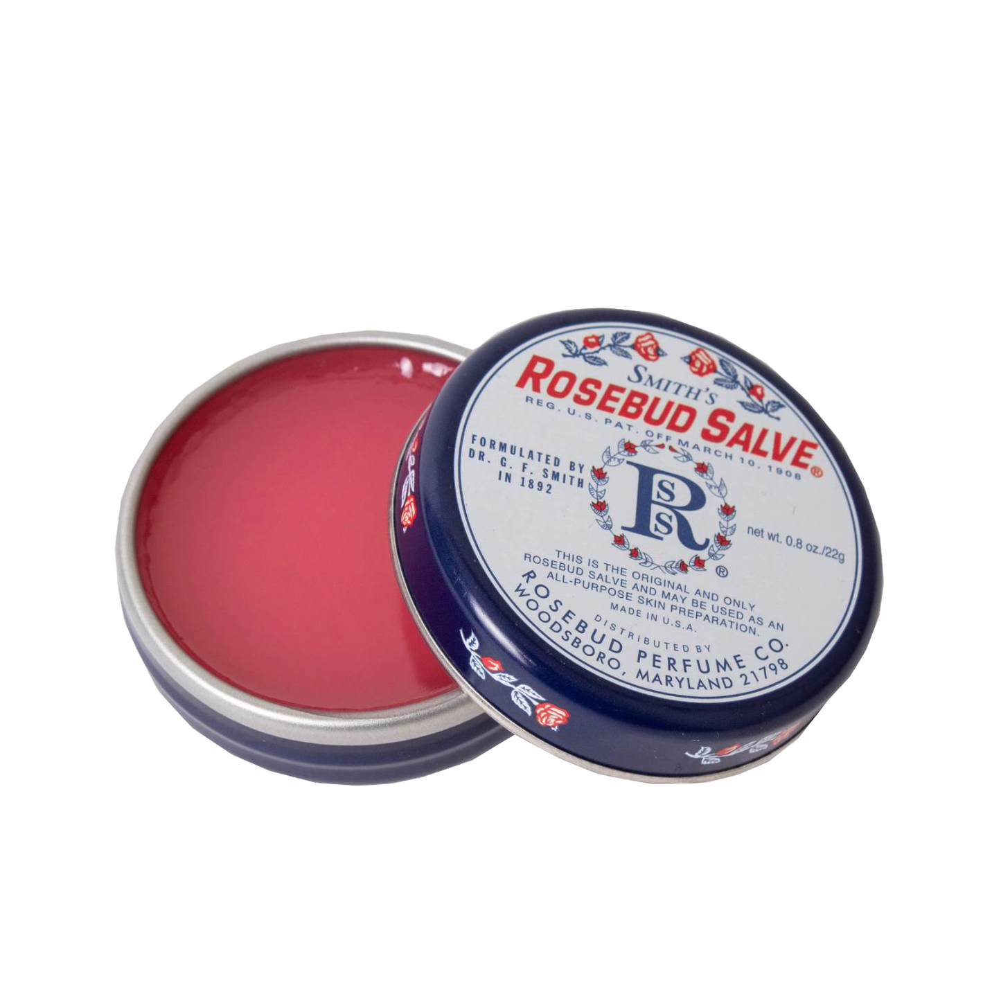 Open round metal tin of Rosebud Original Salve with red balm and vintage floral design, part of Health & Beauty collection under $50