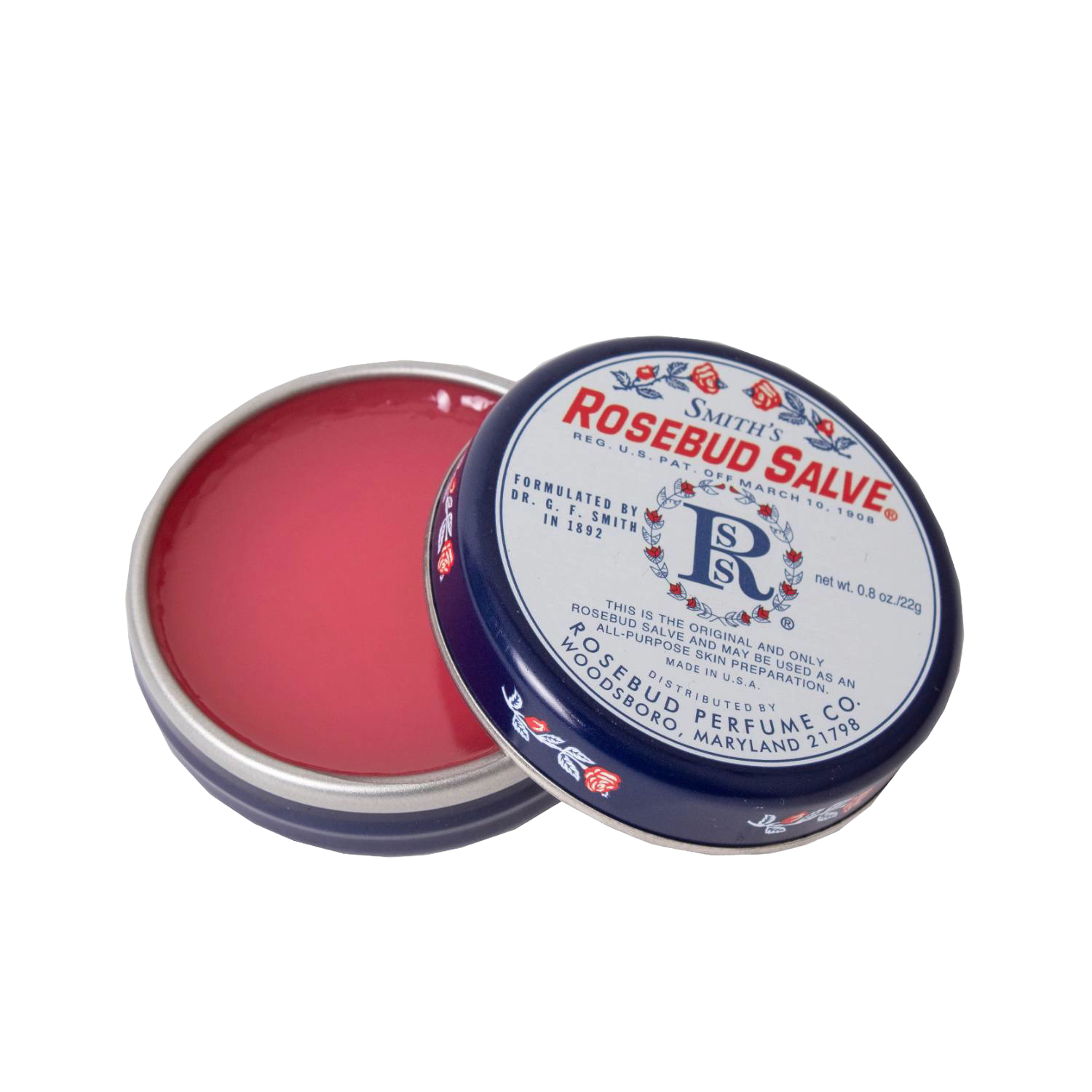 Open round metal tin of Rosebud Original Salve with red balm and vintage floral design, part of Health & Beauty collection under $50