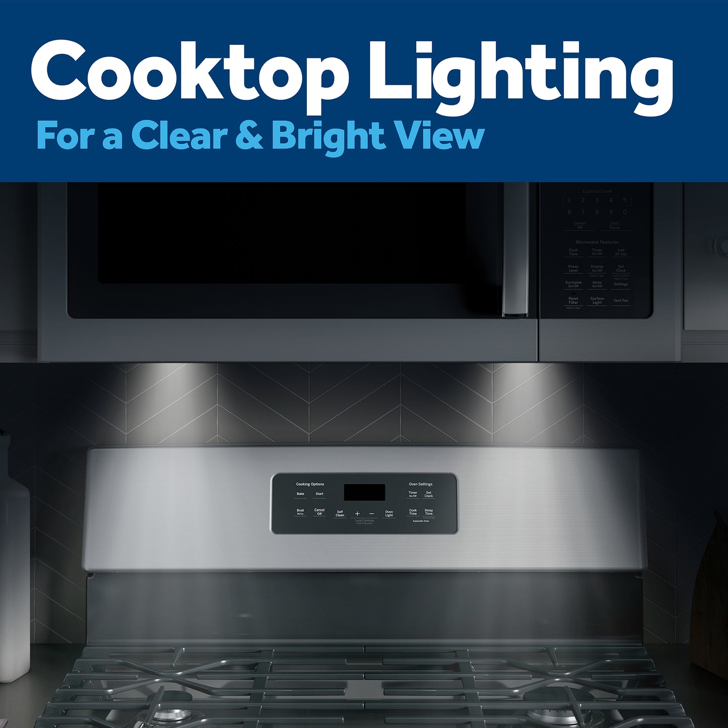 Stainless steel over-the-range microwave with illuminated cooktop area for improved visibility from kitchen appliances collection