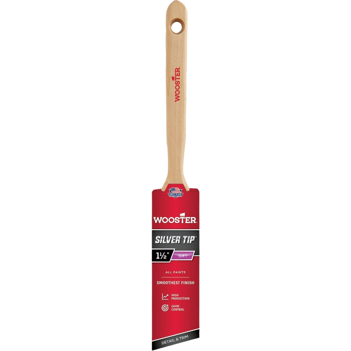 Wood handle paintbrush with silver tip angled bristles, designed for smooth finish in tools and home improvement projects