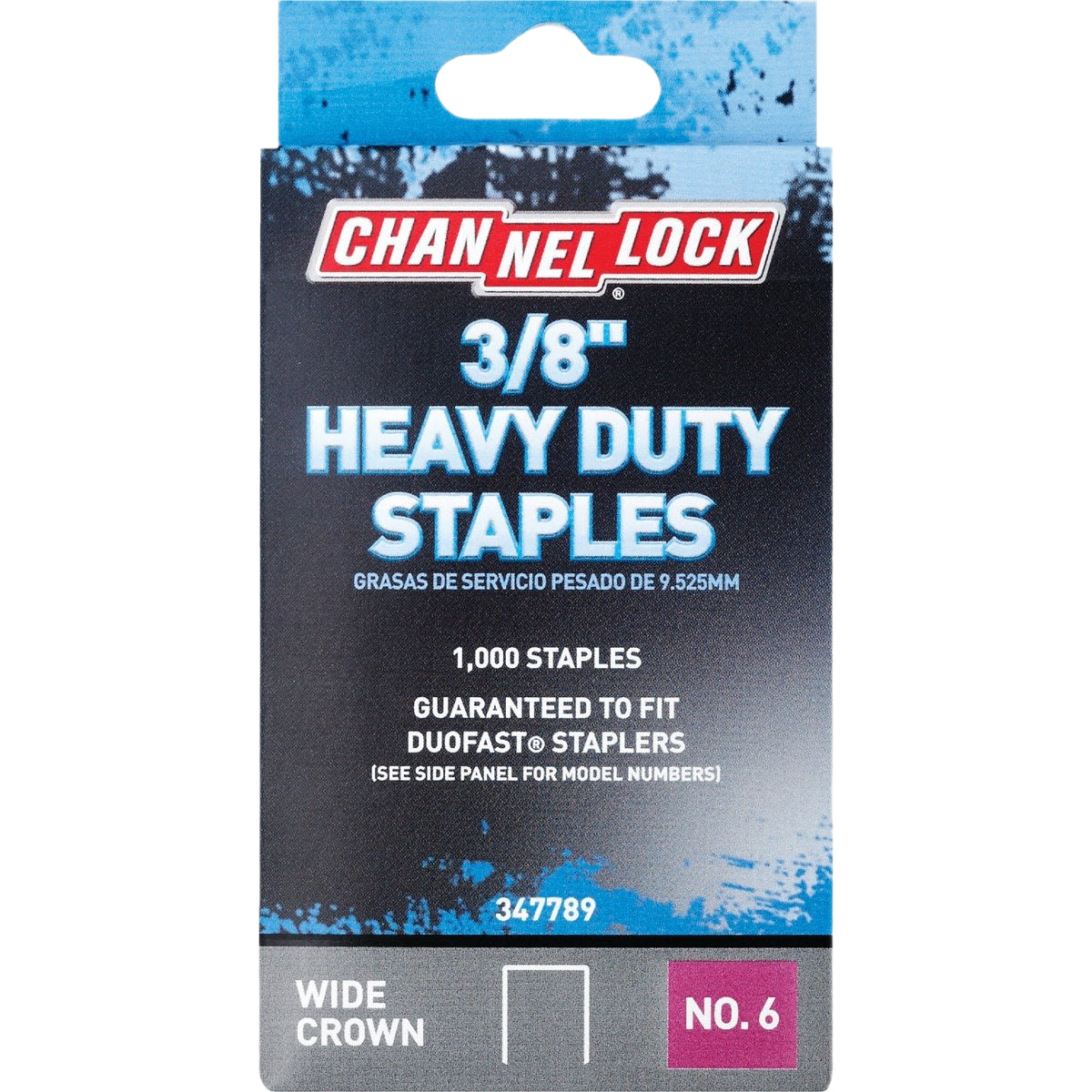 Package of heavy-duty 3/8 inch wide crown staples designed for durable use in home improvement tools