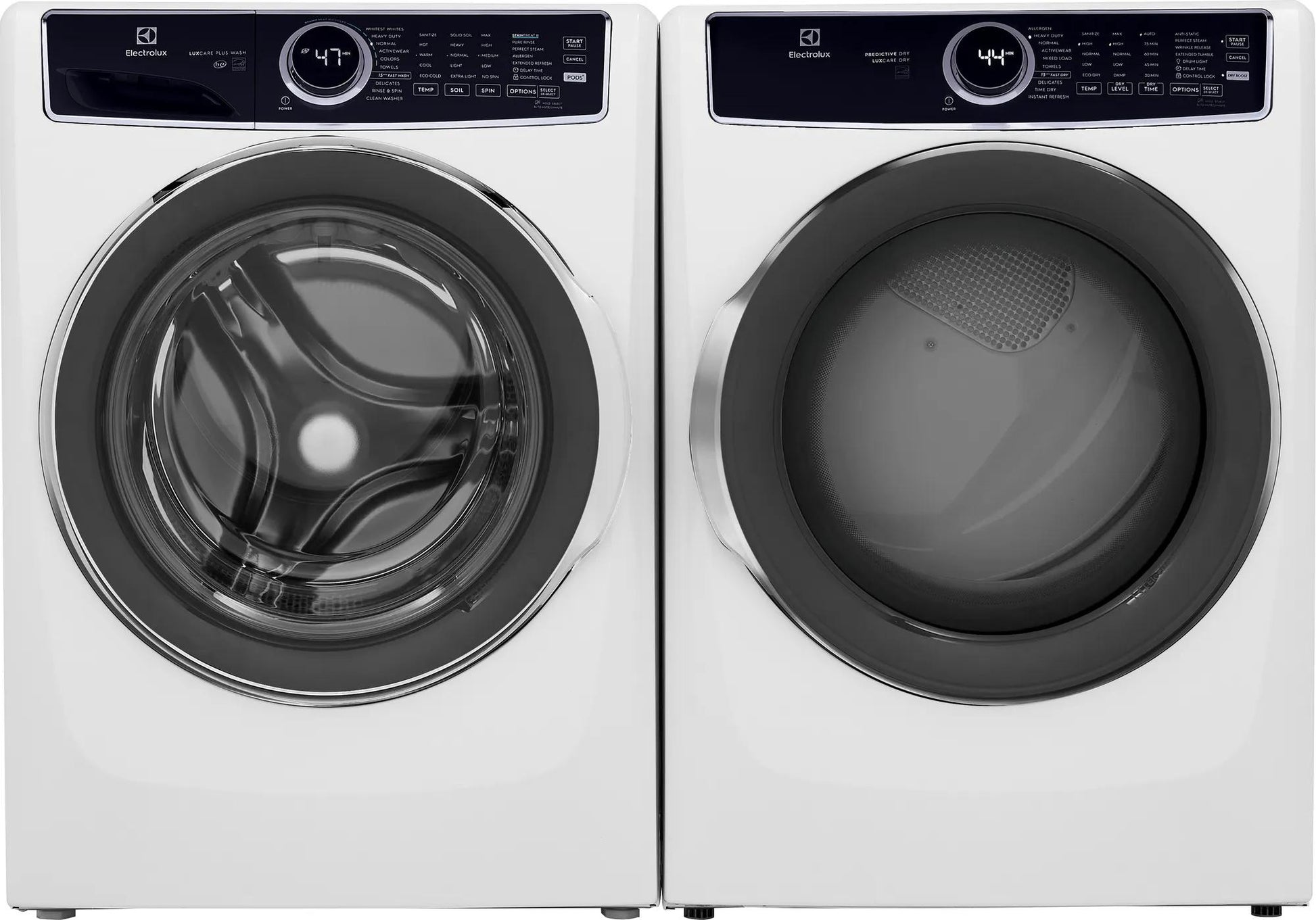 White front load washer and dryer set with digital control panels from Washers & Dryers collection at Hartville Hardware