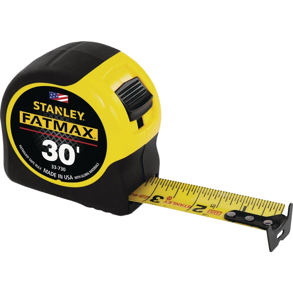 Yellow and black 30 ft. Stanley FatMax tape measure with metal hook, ideal for woodworking and home improvement tasks