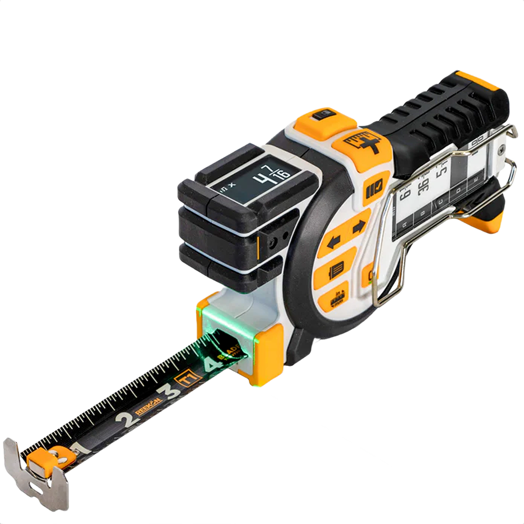 Digital tape measure with OLED display showing measurements in English and metric units for woodworking and hand tools use