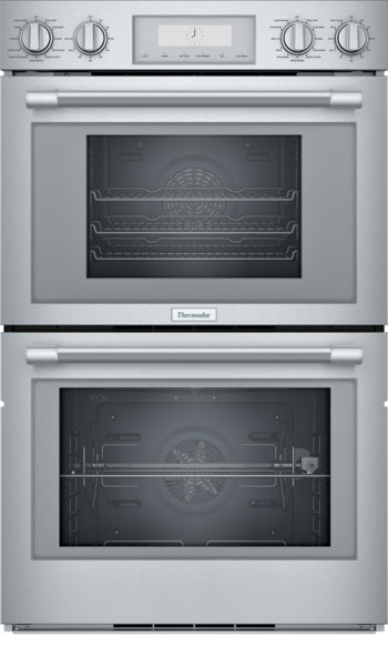 Stainless steel double steam wall oven with control dials and digital display from Thermador kitchen appliances collection