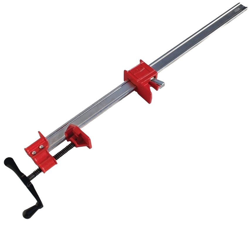 Steel beam bar clamp with red adjustable jaw and screw handle for tools and home improvement use